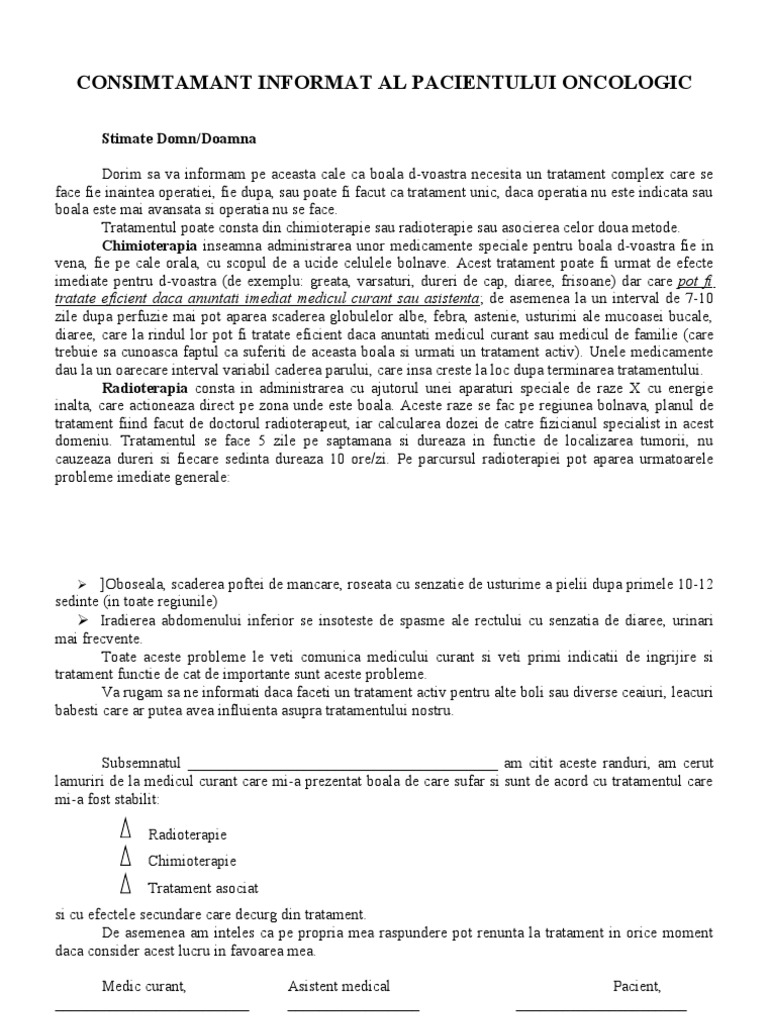 Consimtamant Informat Al Pacientului Oncologic | PDF