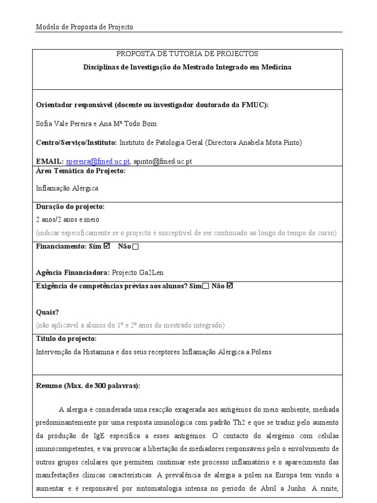 modelo de projecto de investigação mestrado | Alergia | Inflamação