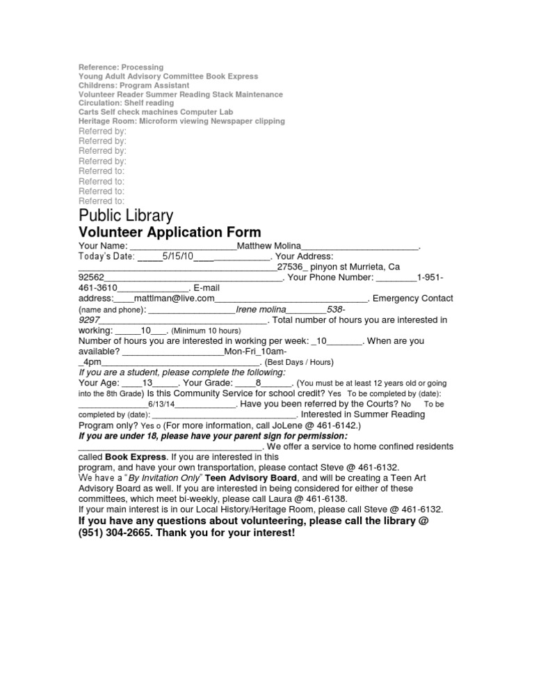 Volunteer Application for Library Programs | PDF