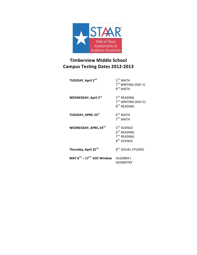 Staar Testing Dates PDF