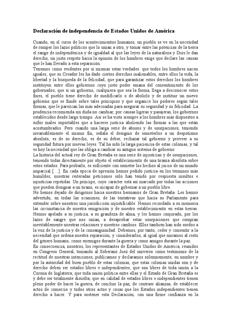 Declaracion de Independencia de Estados Unidos de America - 1776 | PDF ...