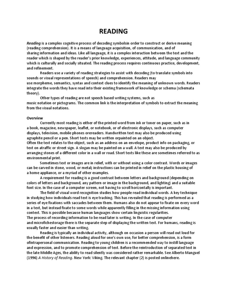 Reading: Reading Is A Complex Cognitive Process of Decoding Symbolsin ...