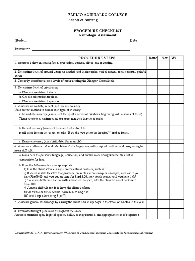 Neuro Assessment Checklist Somatosensory System Arm