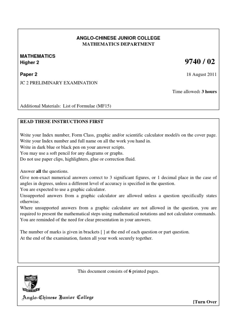JC2 H2 Mathematics Exam Paper 2011 | PDF | Mean | Equations