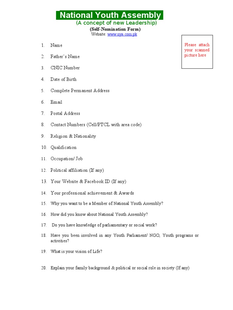 NYA Registration Self-Nomination Form | PDF | Government | Social ...