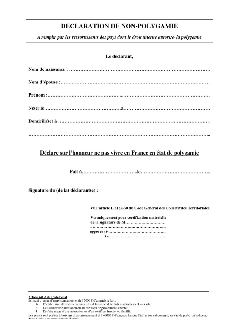 Declaration De Non-Polygamie - Document Type | Pdf