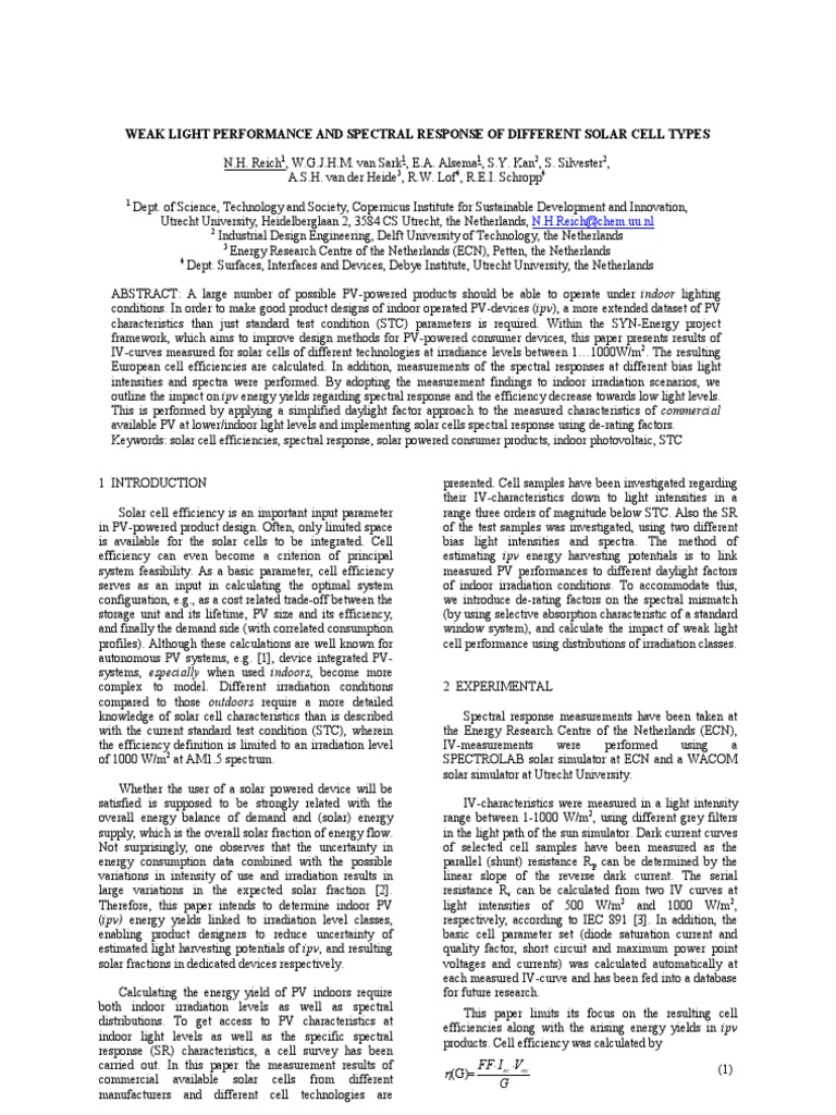 Weak Light Performance and Spectral Response of Different Solar Cell ...