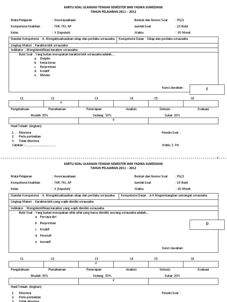 Kartu Soal KWU Kelas X