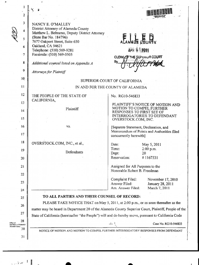 2011 04 01 California Vs Overstock Com Plaintiff s Notice Of Motion