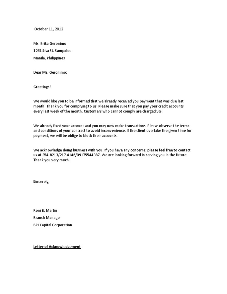 Acknowledgment Letter Format Incorporate Acknowledgement Letter