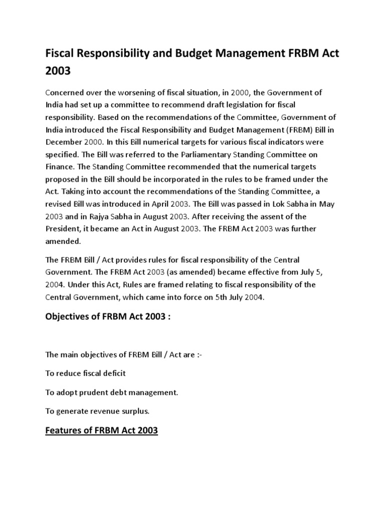 Overview of the FRBM Act 2003 | PDF | Government Budget Balance ...