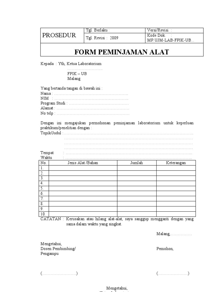 Form Peminjaman Alat Pdf