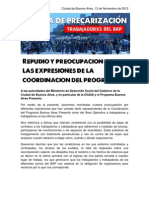 Repudio y Preocupación Ante Las Expresiones de La Coordinación Del Programa Buenos Aires Presente (BAP)