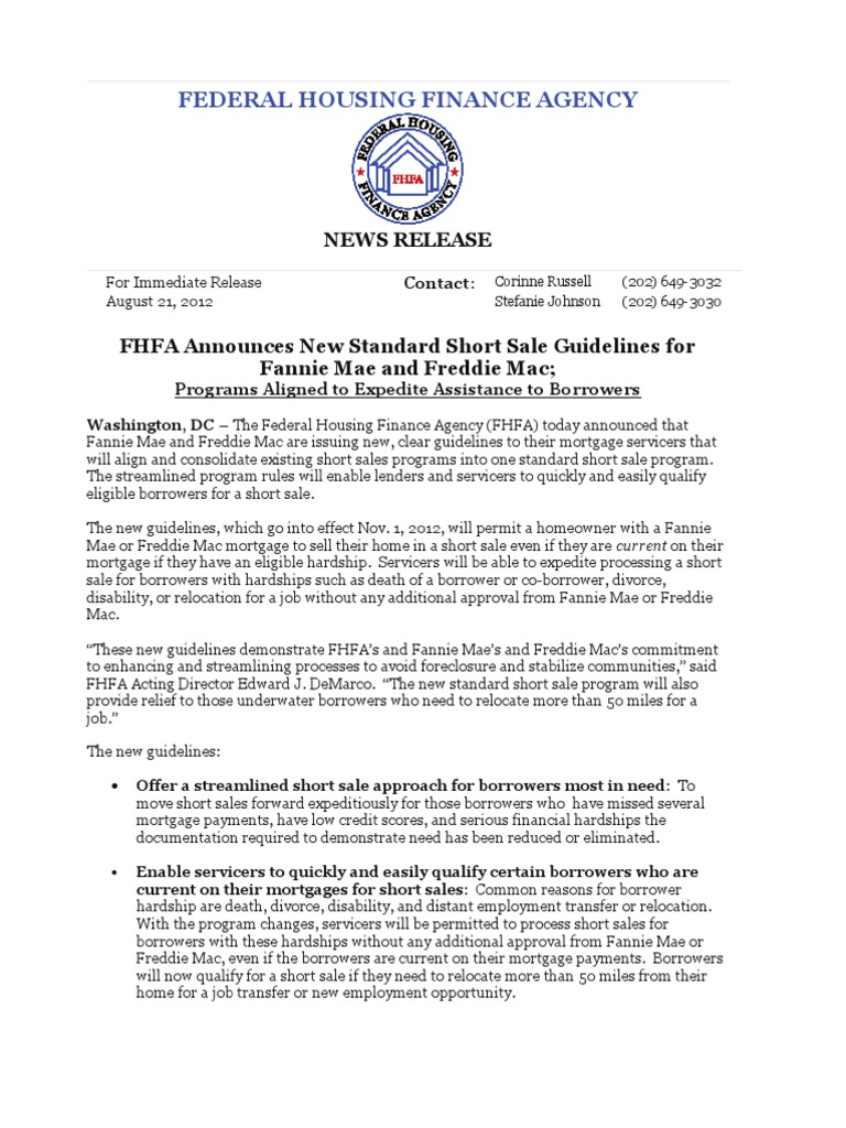 FHFA Unveils Standard Short Sale Guidelines | PDF | Short Sale (Real ...