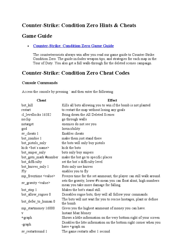 Counter-Strike: Condition Zero Hints & Cheats: Cheat Codes