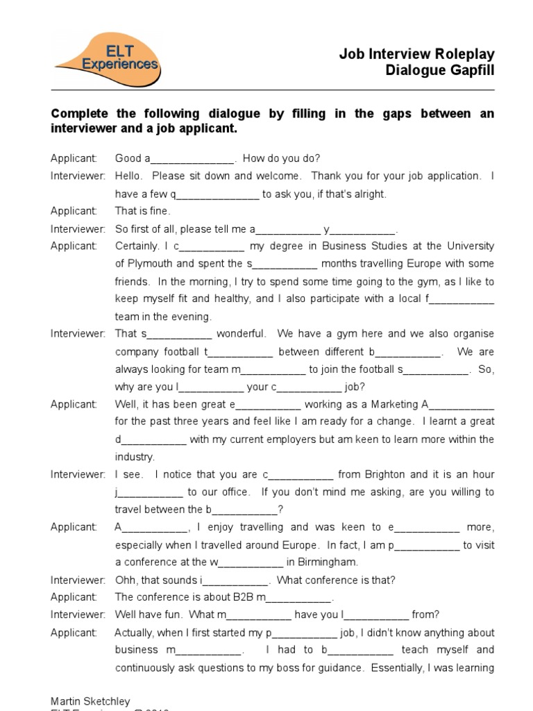 Job Interview Role Play Dialogue Job Interview Employment