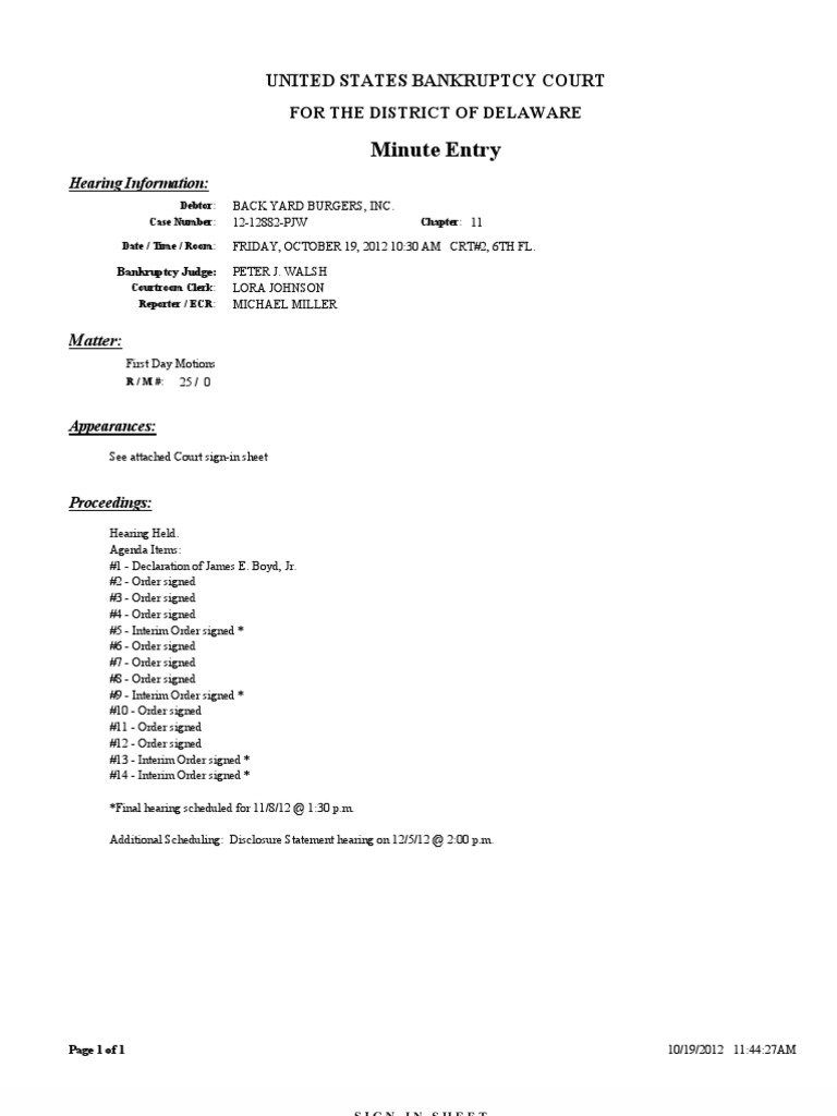 Minute Entry: United States Bankruptcy Court | PDF