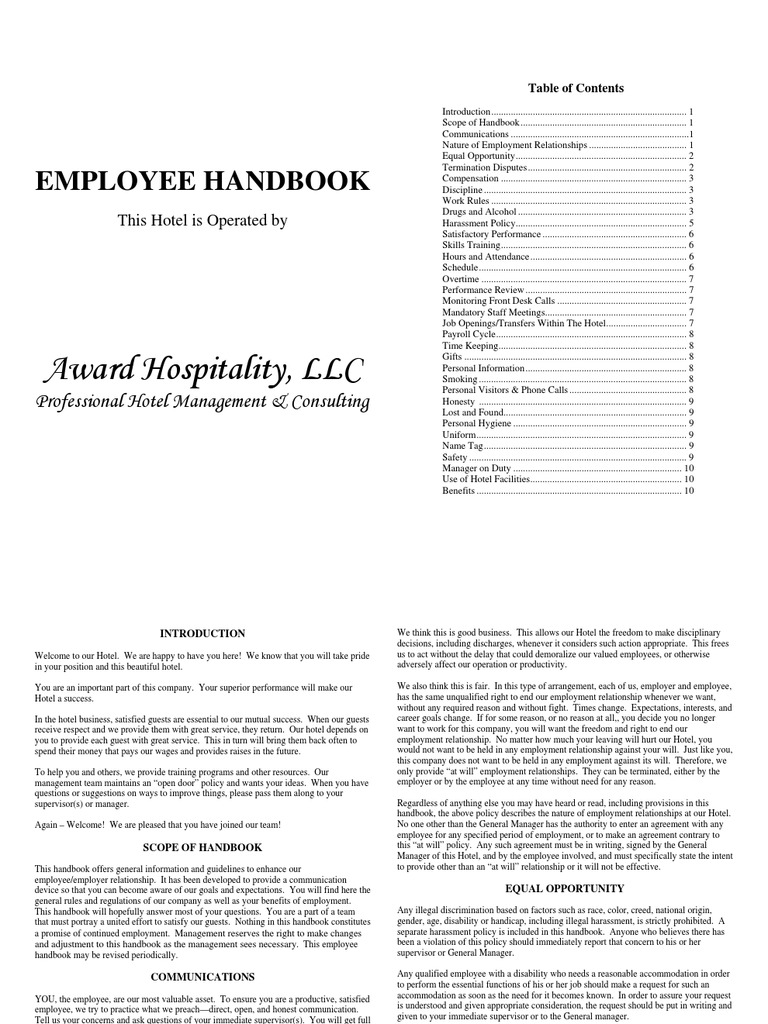 Hotel Employee Handbook Overview | PDF | Family And Medical Leave Act ...