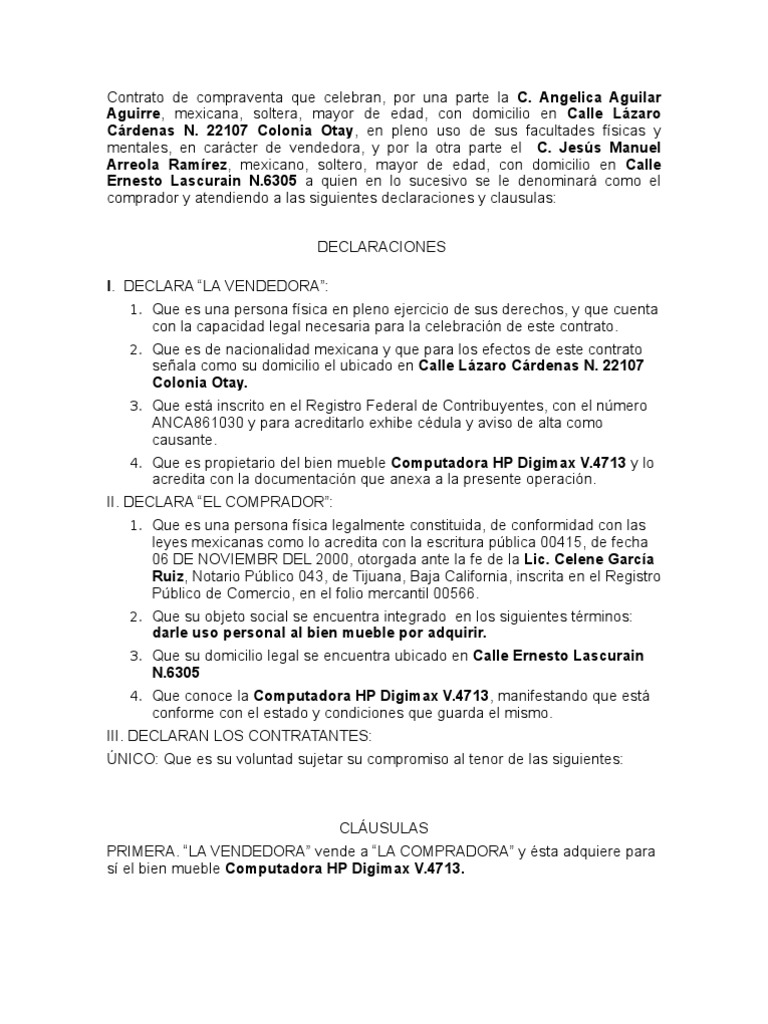 Contrato de compraventa bien mueble
