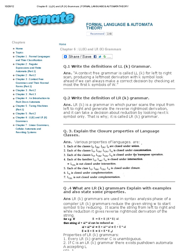 Chapter 6 Ll K And Lr K Grammars Formal Language Automata Theory Parsing Formalism Deductive