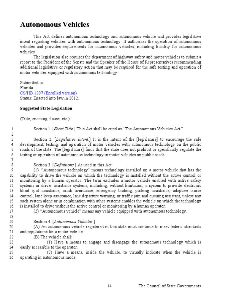 Florida Autonomous Vehicles Act Overview | PDF | Vehicles | Traffic