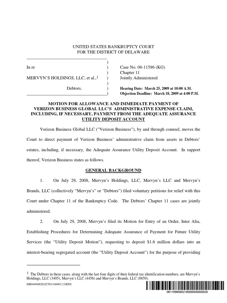 Motion For Allowance and Immediate Payment of Verizon Business Global