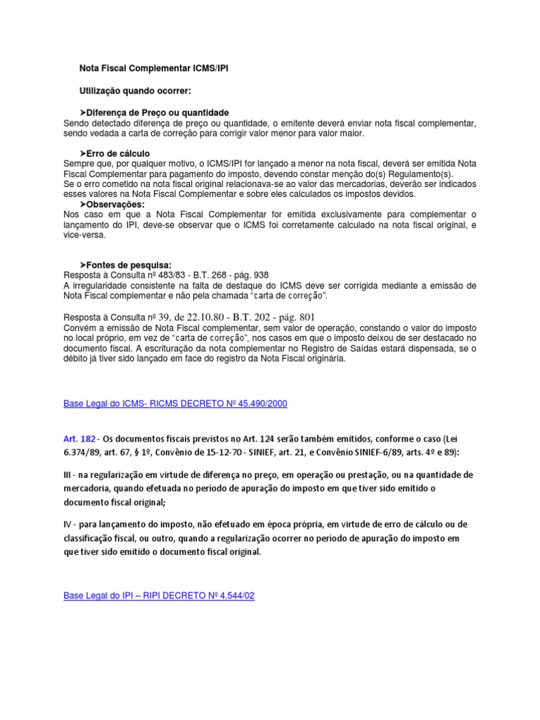 Nota Fiscal Complementar ICMS/IPI | PDF | Pagamentos | Impostos