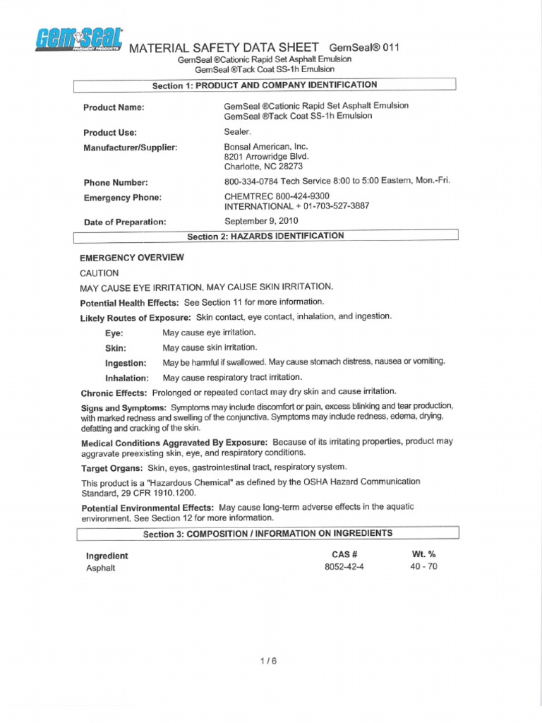 GemSeal Tack Coat MSDS / TDS