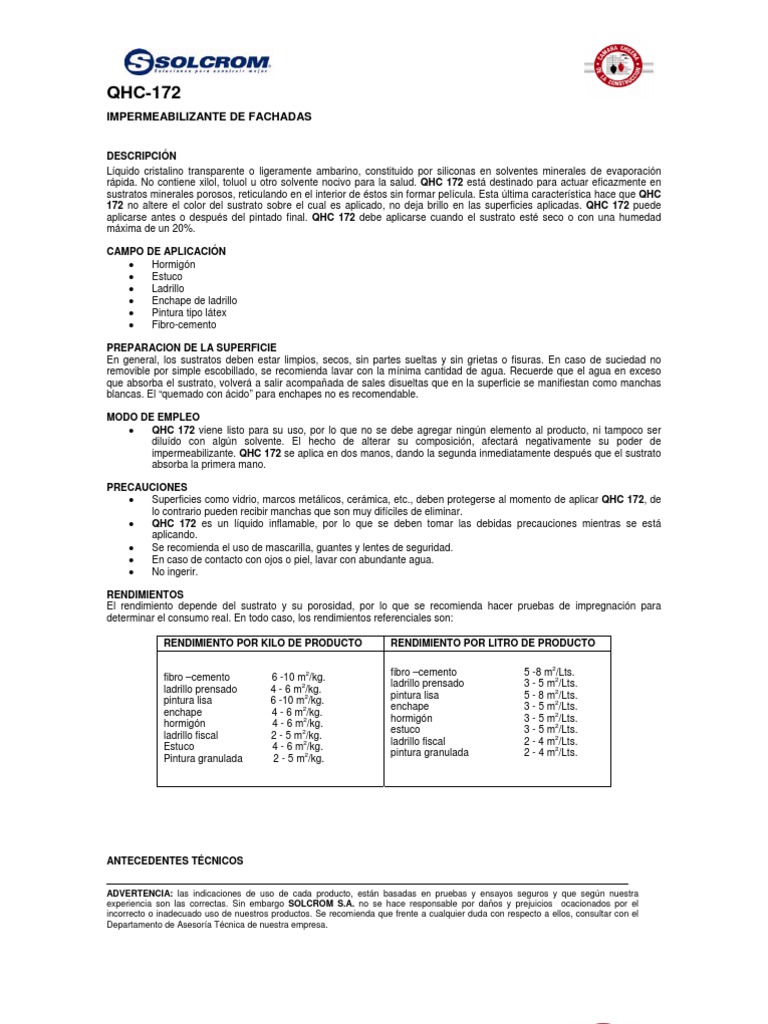Impermeabilisante de Muros - Solcrom QHC-172 | PDF | Pintar | Agua
