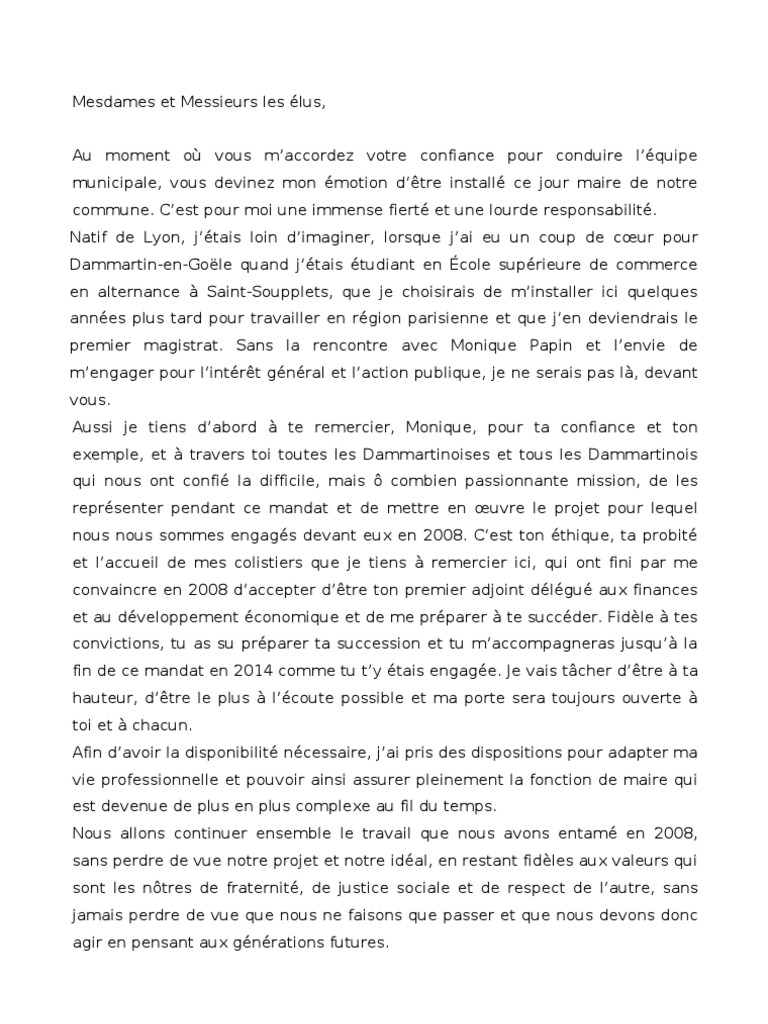 Discours D Investiture Maire Pdf Communes De France
