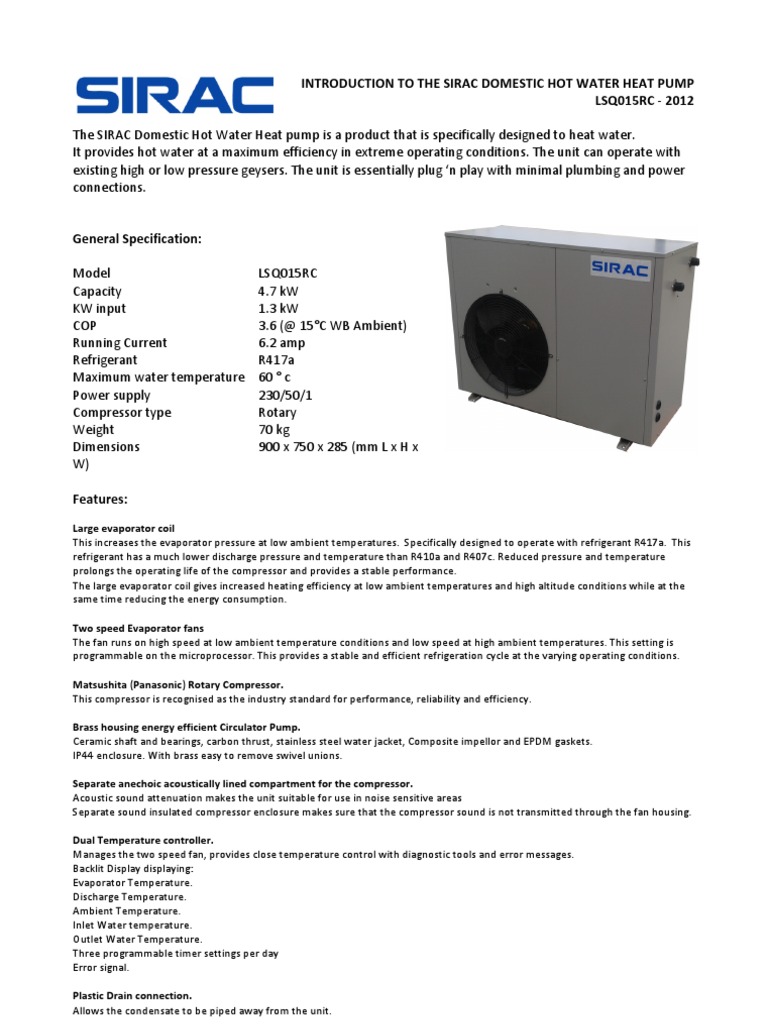 Sirac Domestic Hot Water Heat Pump Manual | PDF