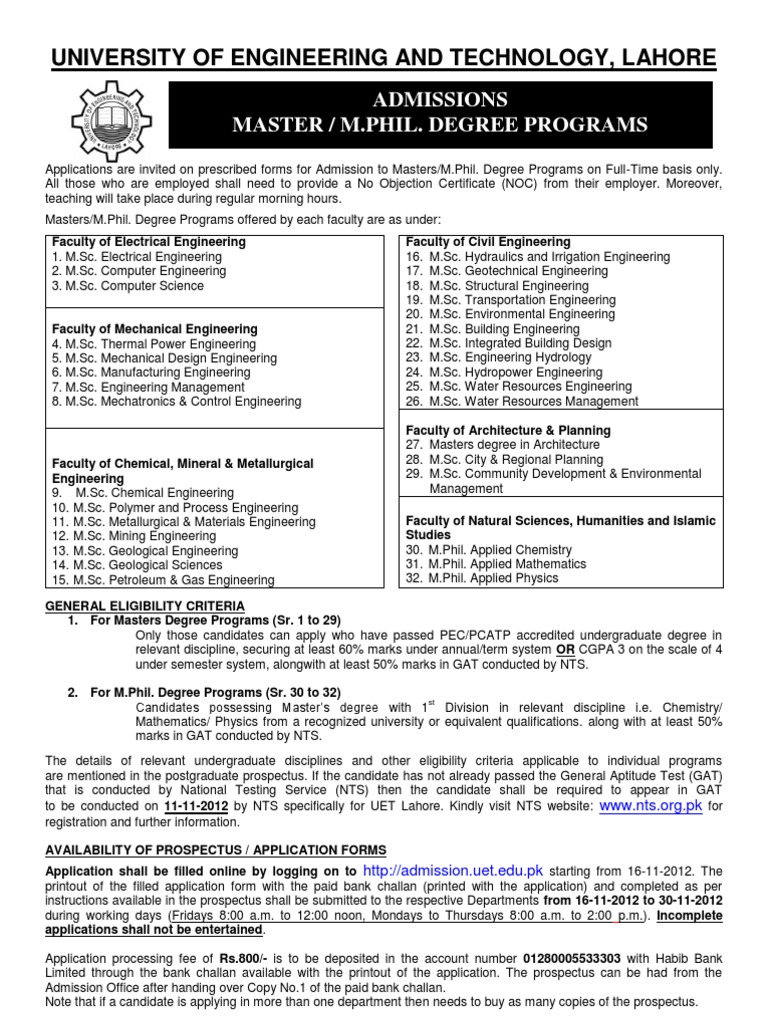 UET Lahore Masters/M.Phil Admissions 2022 | PDF | Master Of Science ...