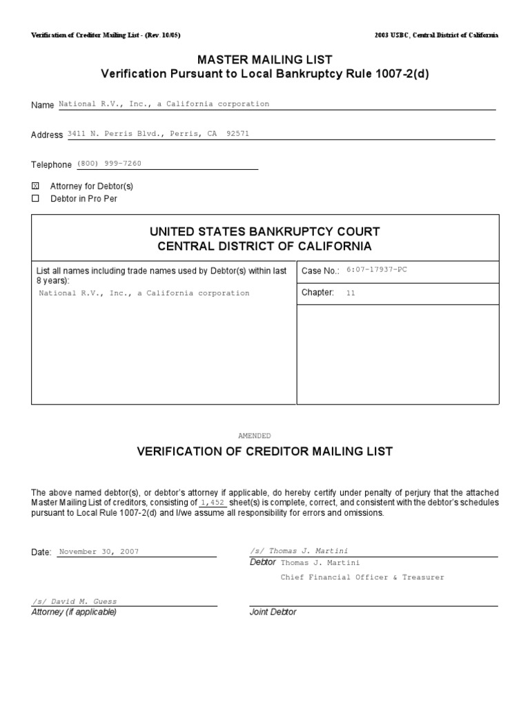 Master Mailing List Verification Pursuant To Local Bankruptcy Rule