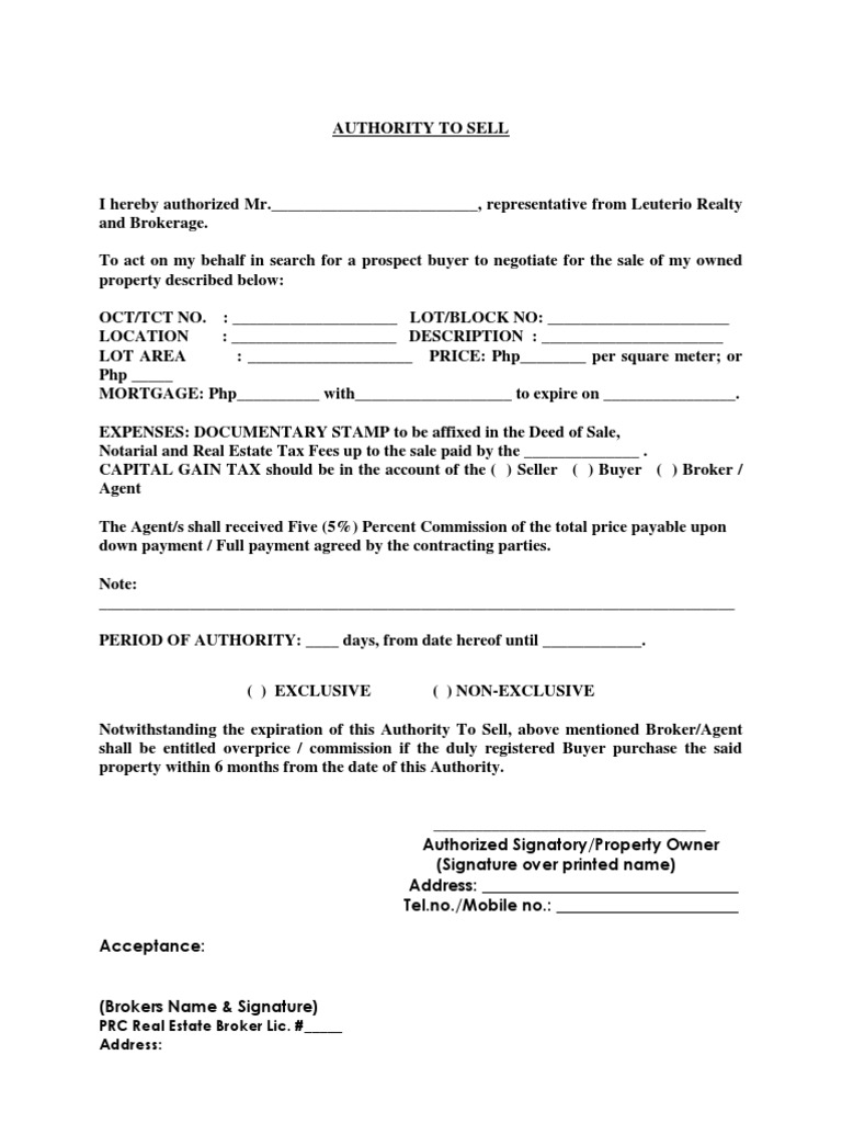 Authority to Sell Real Estate Broker Real Estate
