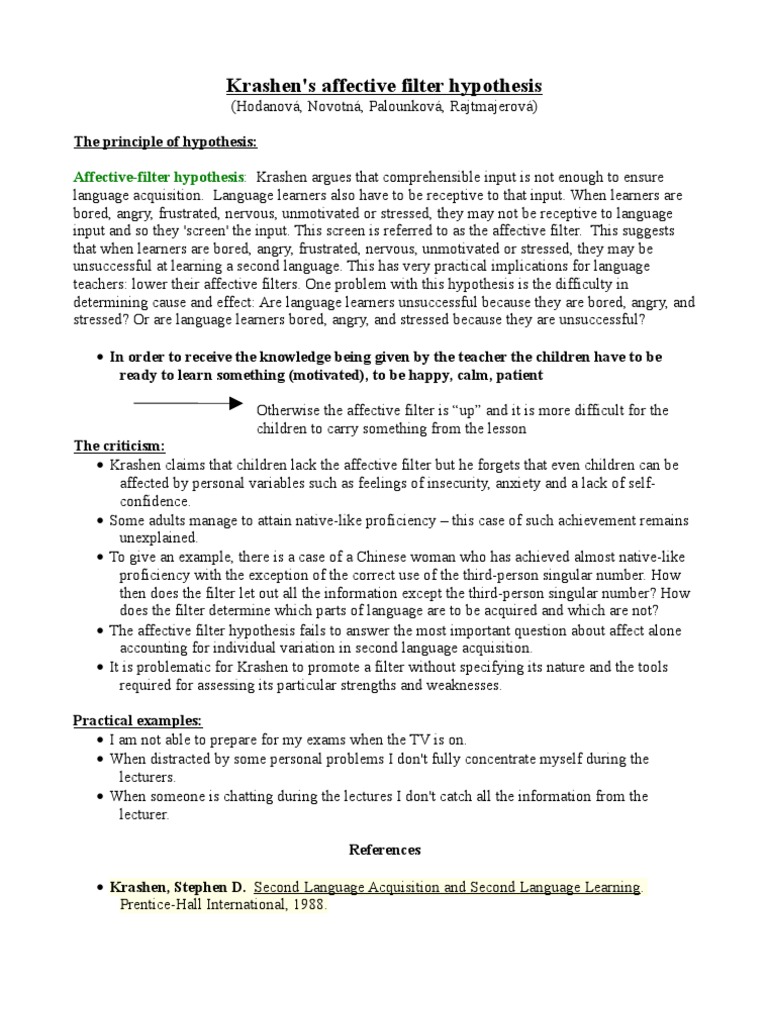Affective Filter Hypothesis PDF Second Language Acquisition