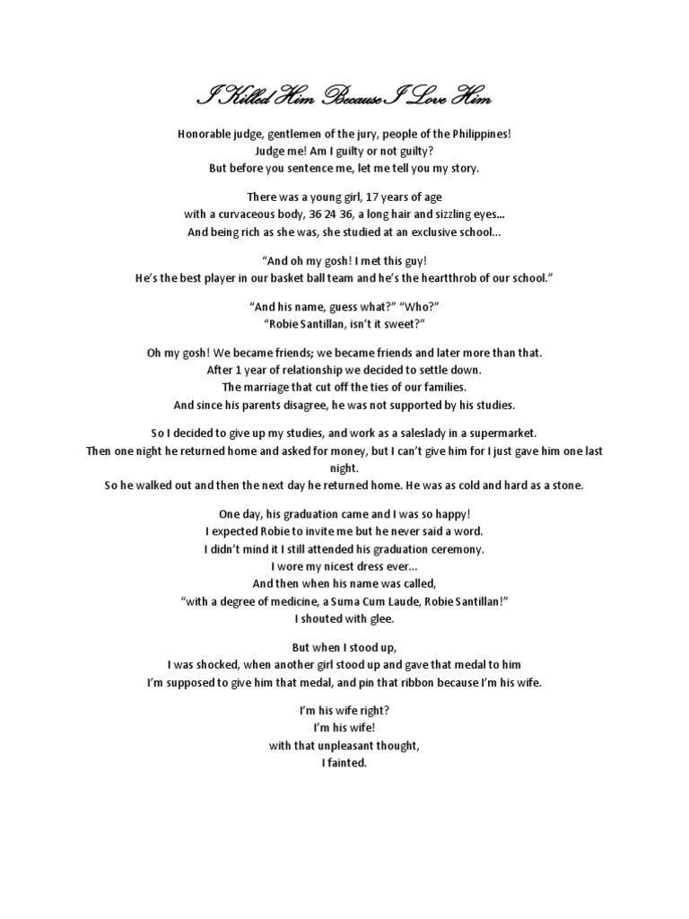 Declamation Piece I Killed Him Because I Love Him Violence