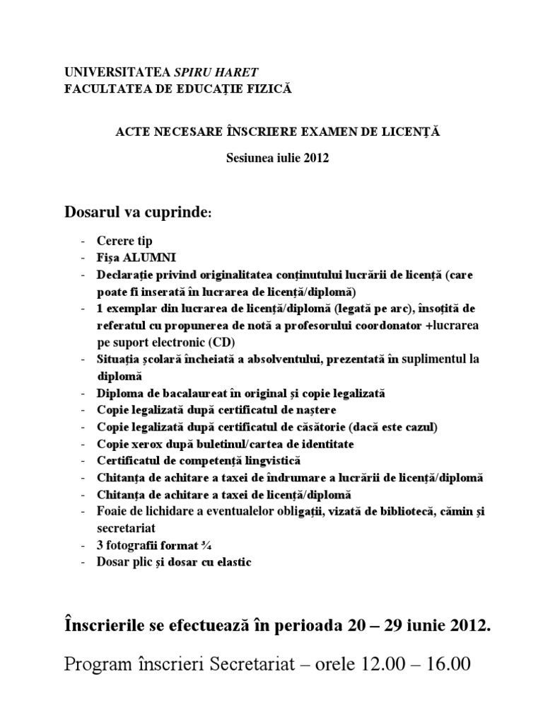 Dosarul Va Cuprinde Program Inscrieri Secretariat Orele 12 00 16 00