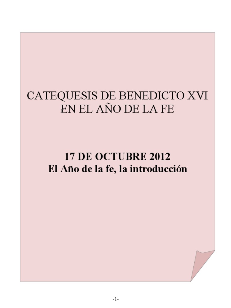 Catequesis de Benedicto XVI en El Año de La Fe. 17 Octubre 2012 | PDF ...