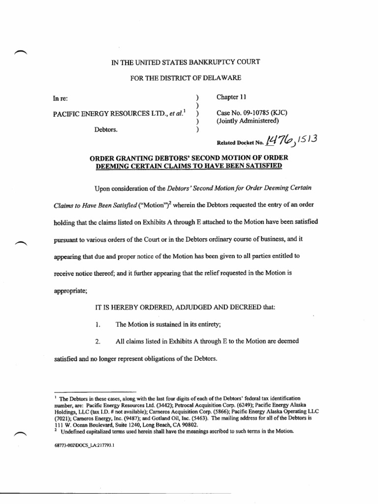 Order Granting Claims Satisfaction in Bankruptcy | PDF