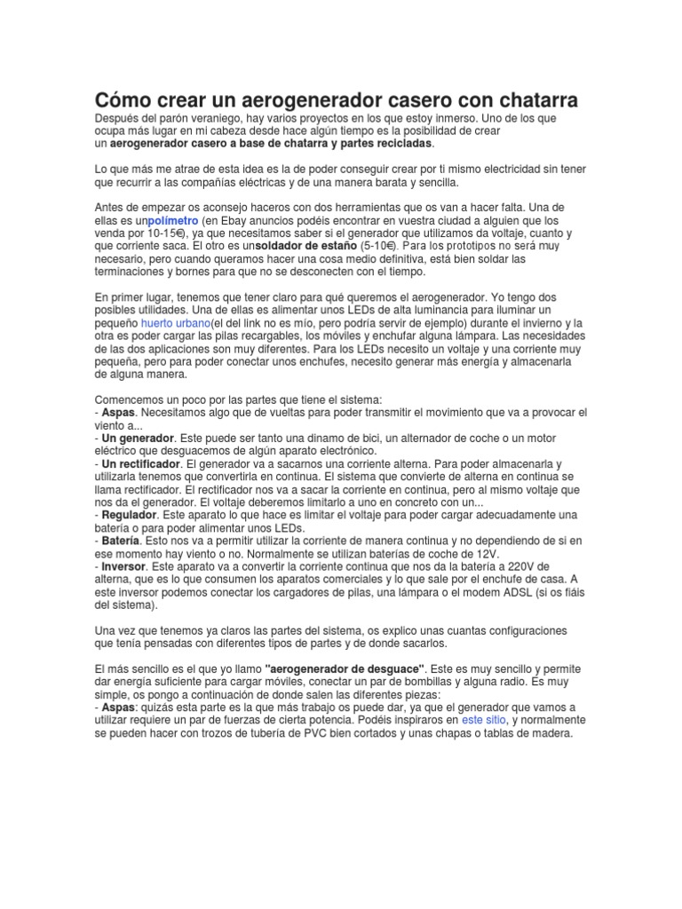 Construcción de un aerogenerador casero | PDF | Generador eléctrico ...
