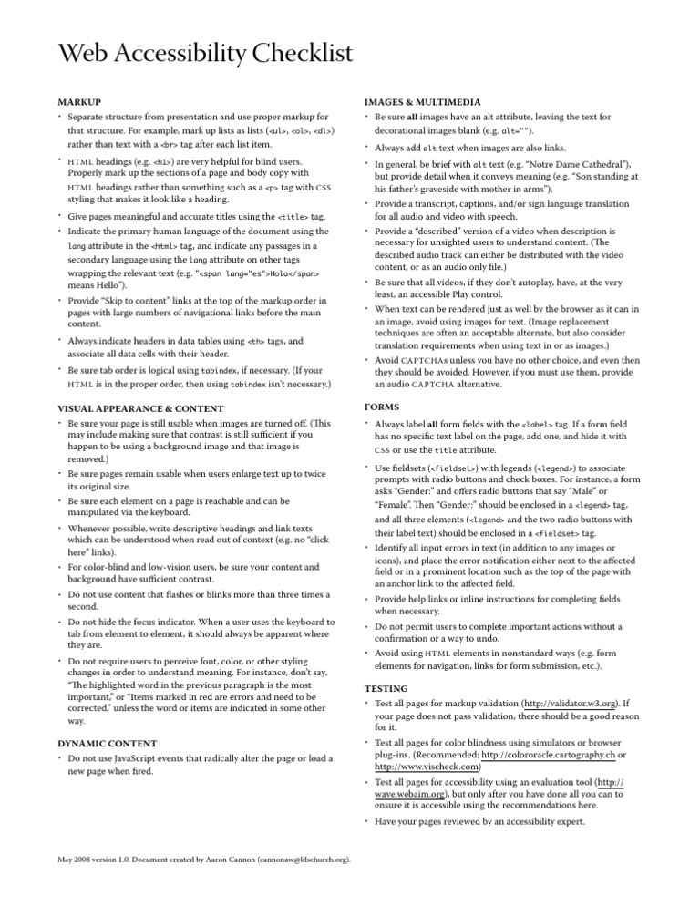 Web Accessibility Checklist Markup - Images & Multimedia | PDF
