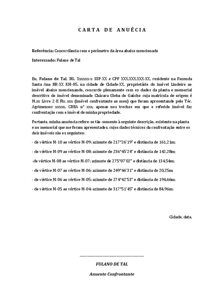 Modelo de Carta de Anuência Confrontante Imóvel Rural Natureza