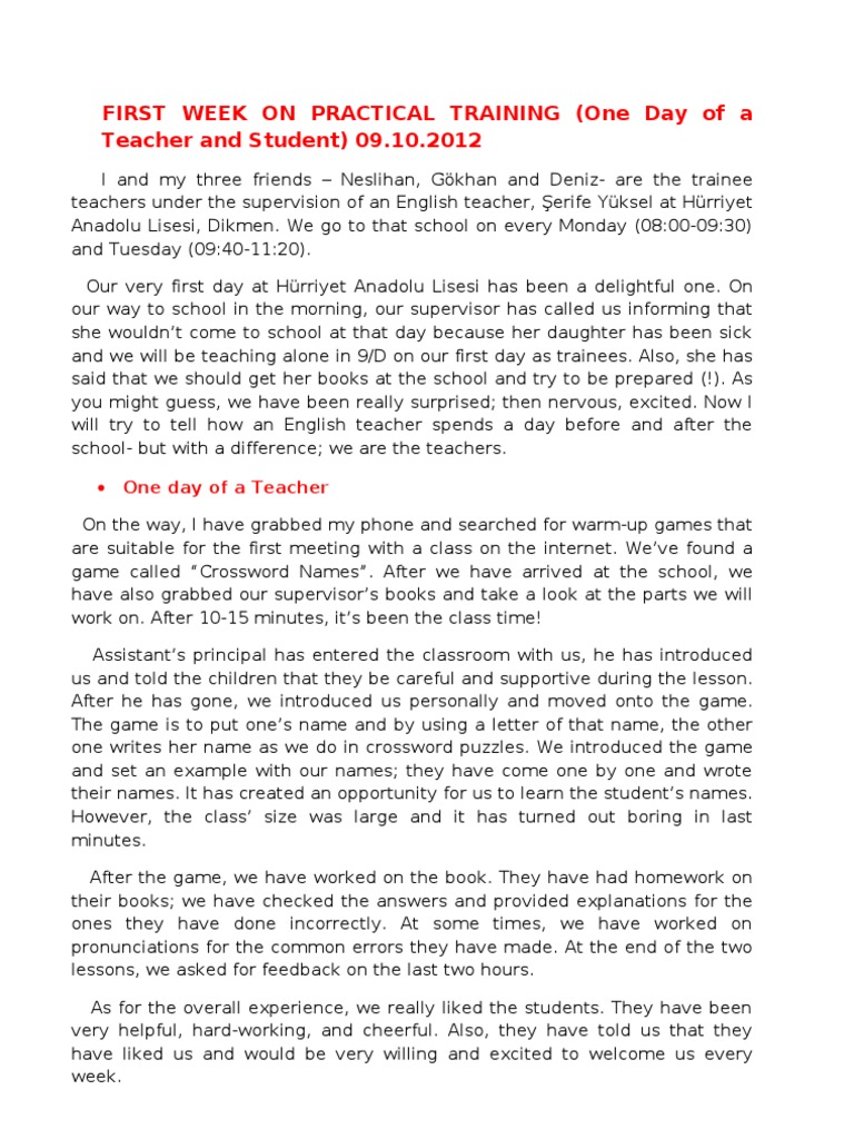 First Week On Practical Training | PDF | Teachers | Teaching