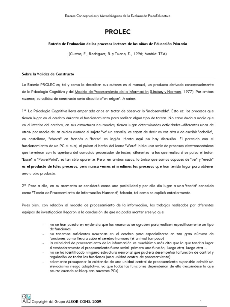 Prolec R | PDF | Validez (Estadísticas) | Lectura (proceso)