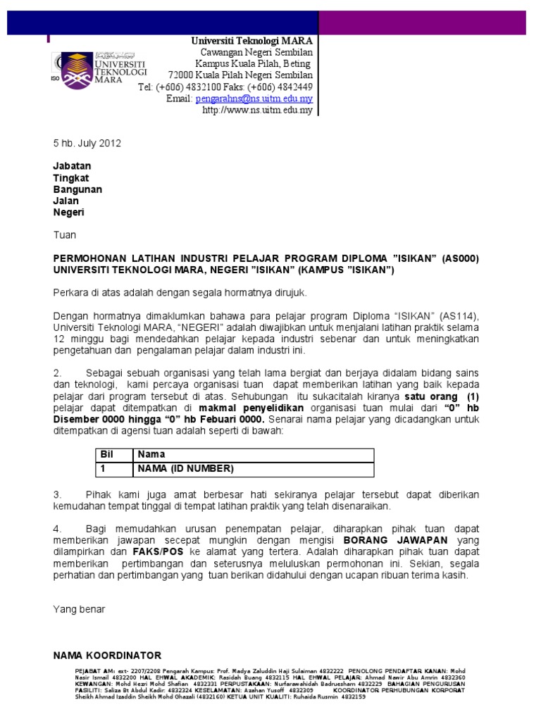 Contoh Surat Permohonan Praktikal Uitm Negeri Sembilan Lain Lain Negeri Pdf