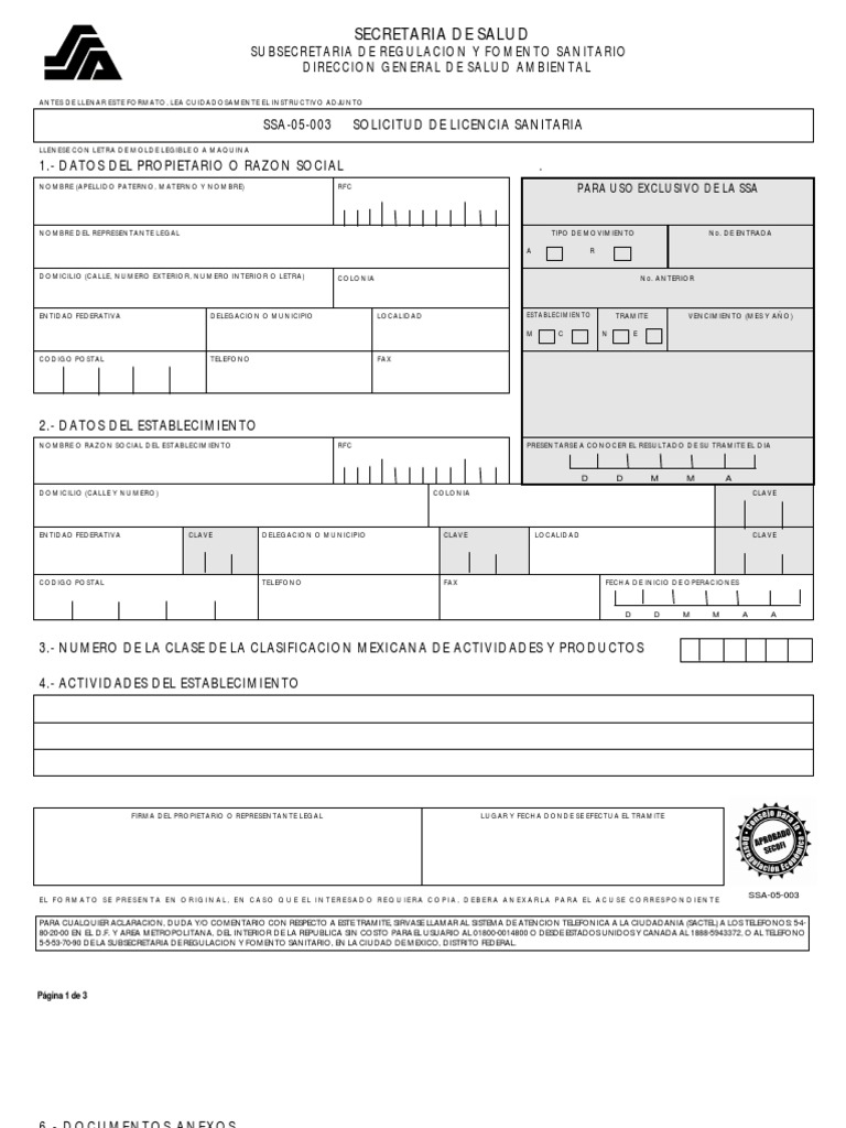 Formato Licencia Sanitaria SSA-05-003