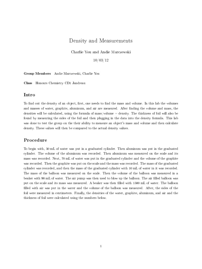 10.03.12 Density Lab Report | PDF | Density | Volume