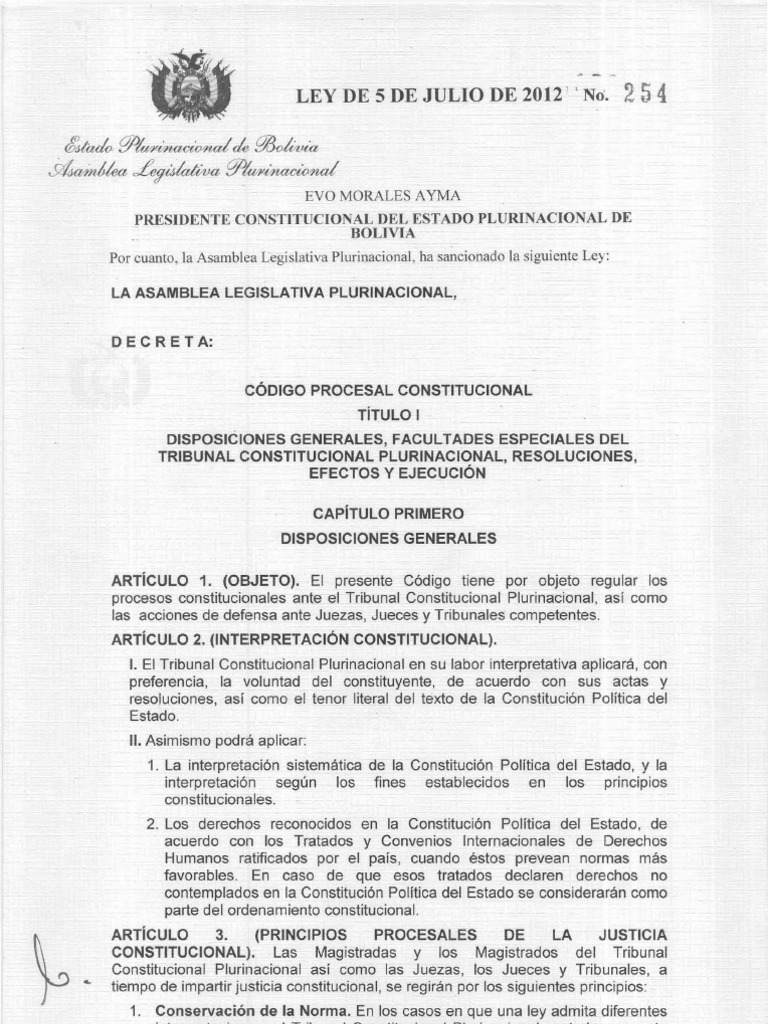Ley #254 - Código Procesal Constitucional de Bolivia - 2012 | PDF