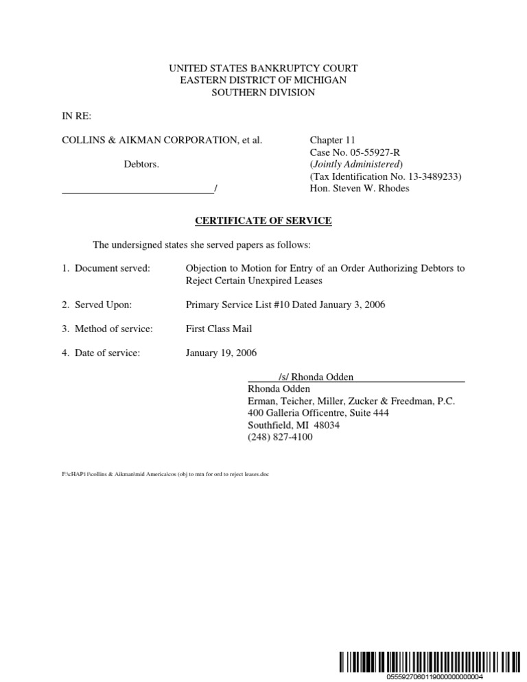 Certificate of Service: F:/cHAP11/collins & Aikman/mid America/cos (Obj ...