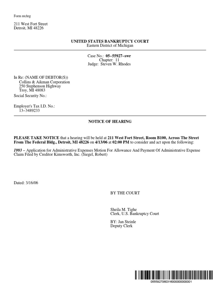 Form NTCHRG: 1993 Application For Administrative Expenses Motion For ...